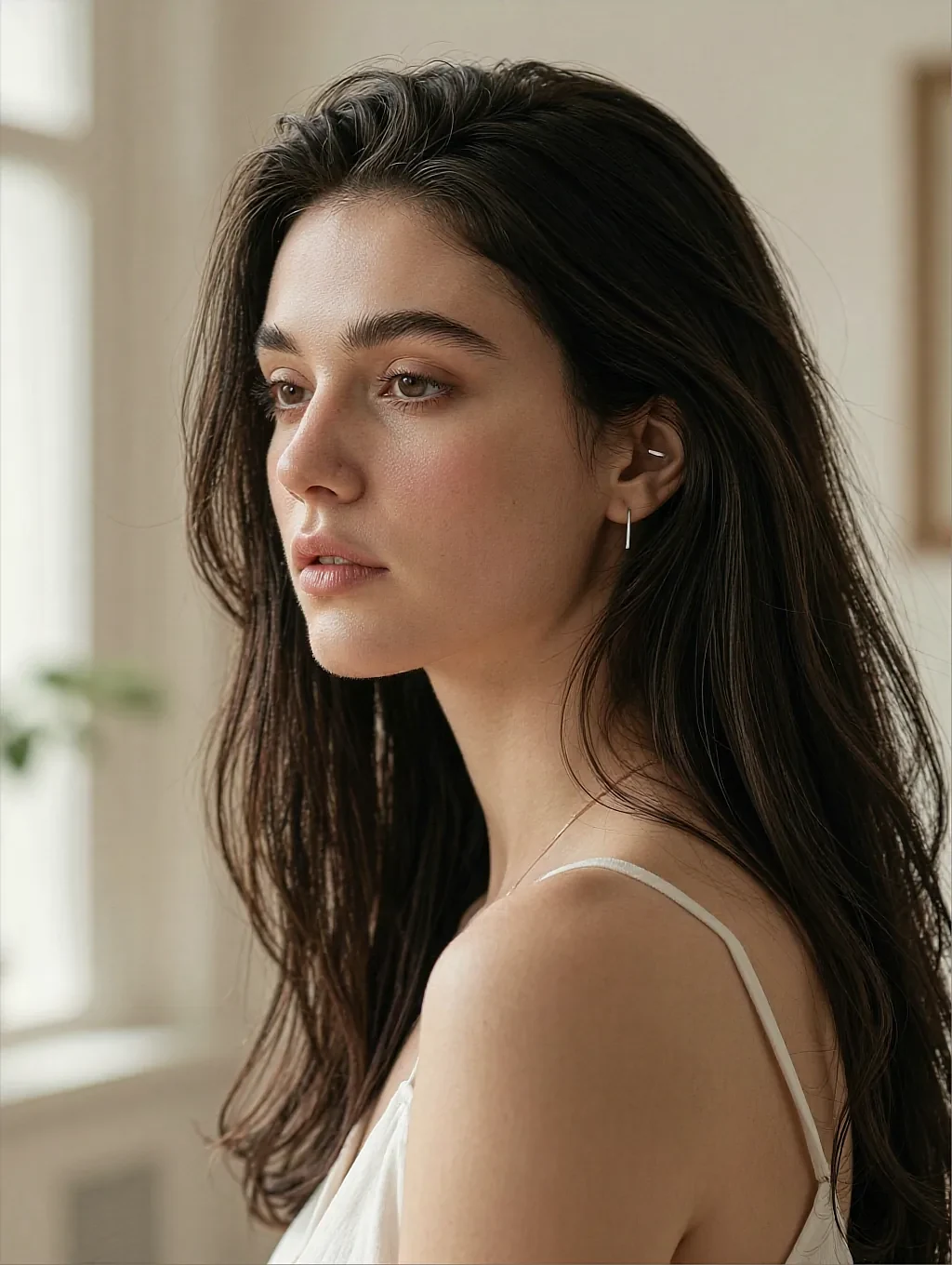 Fictional AI character in profile, long brown hair and a white strap top in daylight