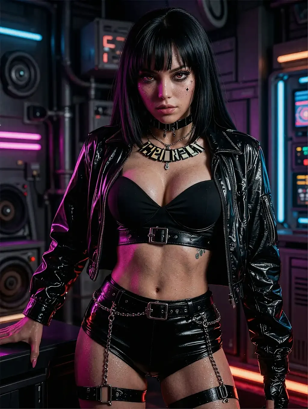 Fictional AI character with a fringe in a black outfit against neon studio gear